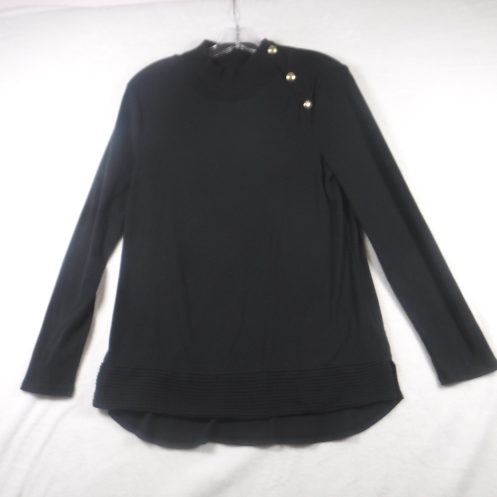 Rafaella Womens XL Black Mock Neck Gold Button Shoulder Ribbed Knit Top Tunic